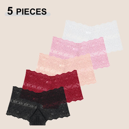 5Pcs/Set Sexy Lace Perspective Panties Solid Color Hollow Out High Waist Star Boyshort Female Elastic Transparents Boxer Shorts