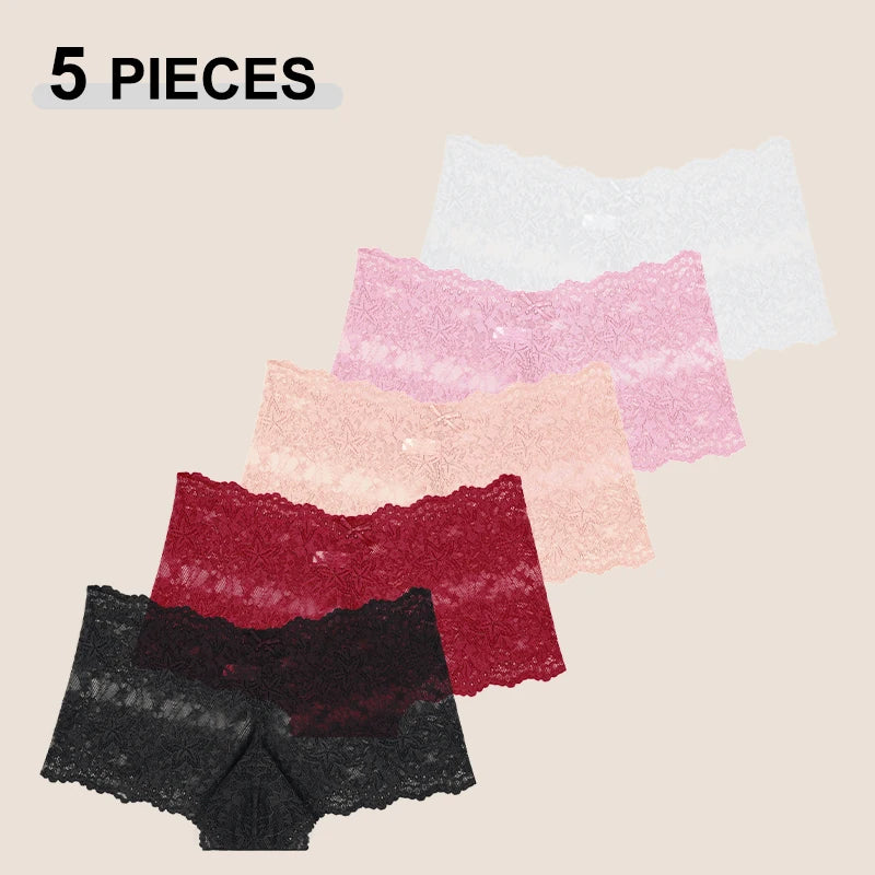 5Pcs/Set Sexy Lace Perspective Panties Solid Color Hollow Out High Waist Star Boyshort Female Elastic Transparents Boxer Shorts