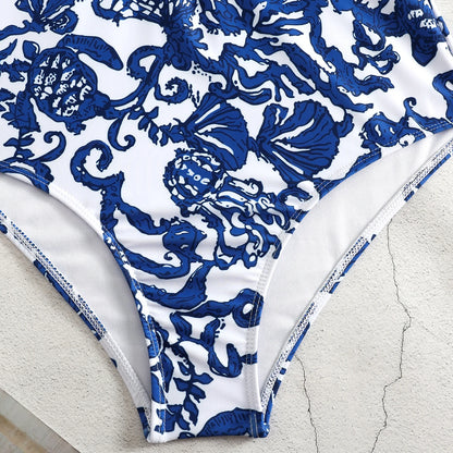 One Piece Swimsuit Long Sleeve Zip Front Blue White One Piece Surf Swimsuit and Sarong Swimwear Slimming Bathing Suit Beach Wear