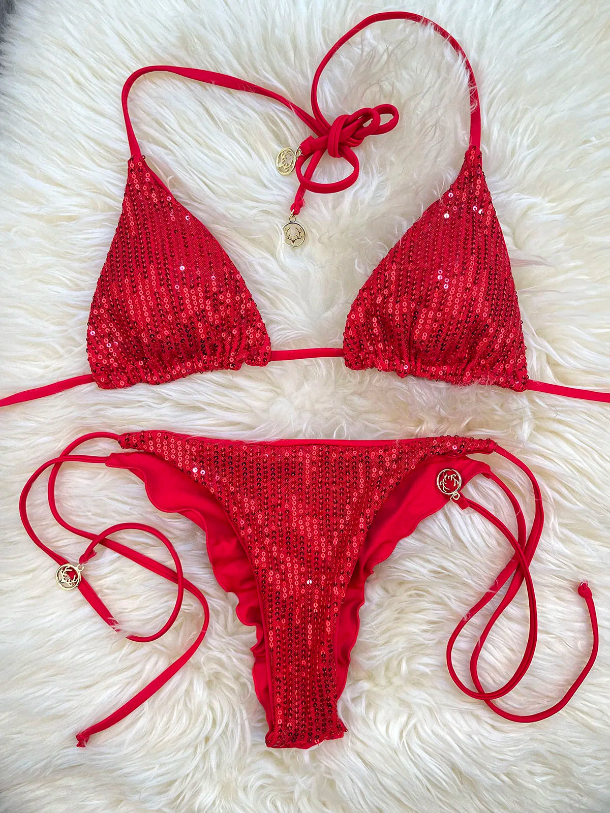 Melphieer Swim 2pcs Women's Summer Beach Holiday Ruching Bum Sequins Sparkle Glitter Plain Halter Strap Bikini Swimwear Set