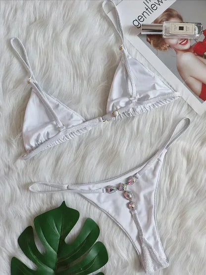 2025 Shiny Rhinestone Diamond Bikini Women Swimsuit Female Swimwear Two Pieces Bikini Set Halter Metal Chains Bathing Suit Swim