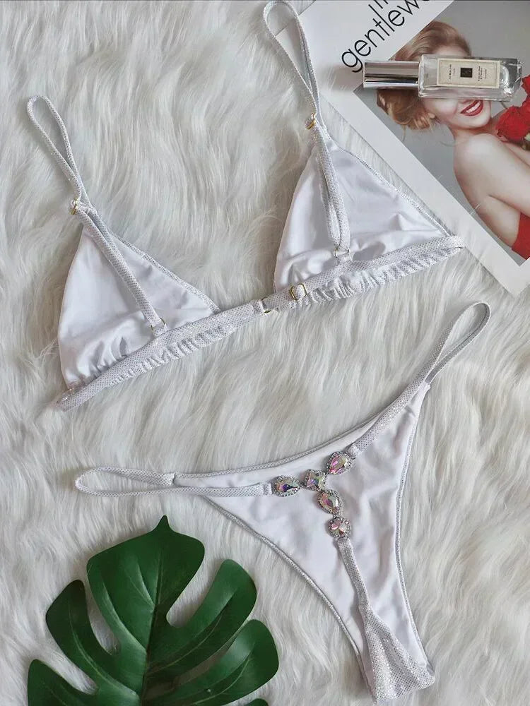 2025 Shiny Rhinestone Diamond Bikini Women Swimsuit Female Swimwear Two Pieces Bikini Set Halter Metal Chains Bathing Suit Swim