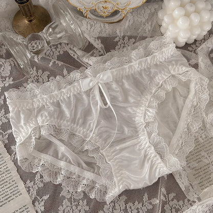 Luxury Satin Transparent High Elasticity Sexy Mesh Lace Hollow Bow Underwear Cute Lovely Sweety Smooth Soft Panties Breathable
