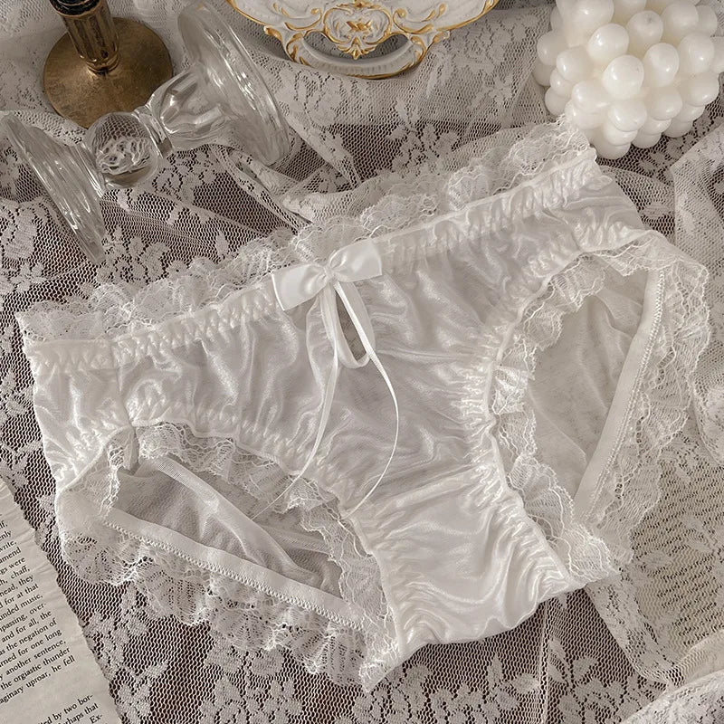 Luxury Satin Transparent High Elasticity Sexy Mesh Lace Hollow Bow Underwear Cute Lovely Sweety Smooth Soft Panties Breathable