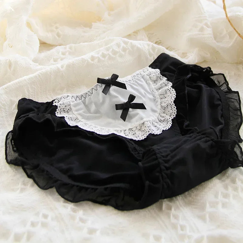 Lolita Lace Underwear Ice Silk Mid Waist Brief Underwear Japanese Cute Sweet Female Underpants Cotton Crotch Intimates Lingerie