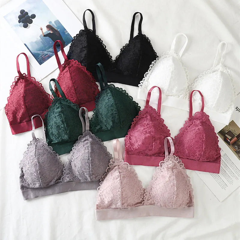 Lace Triangle Bralette Women"s Scalloped Lace Trim Bra Soft Thin Strap Underwear Backless Light Support Bra Sexy Lingerie