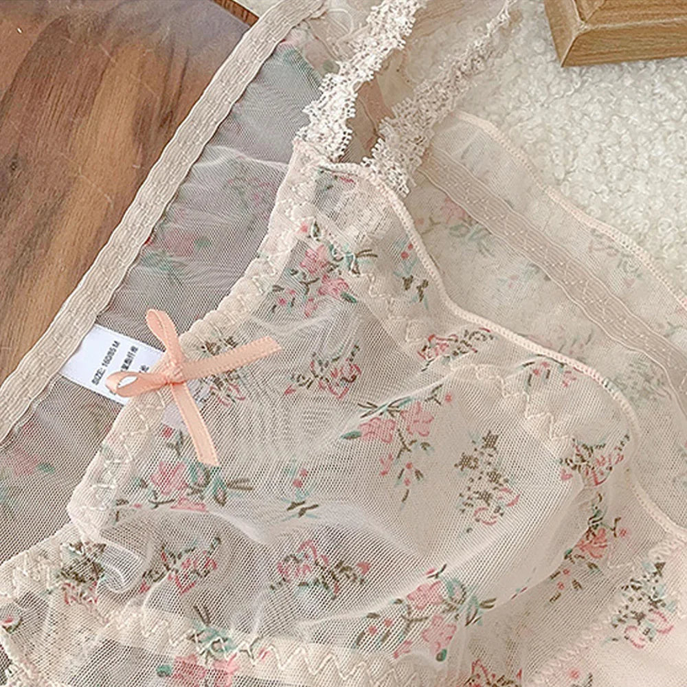 Women's panties Cross waistband Hipsters Low Rise Lace Strappy Panties Transparent Mesh Floral Pattern Sweet Bowknot Underwear B