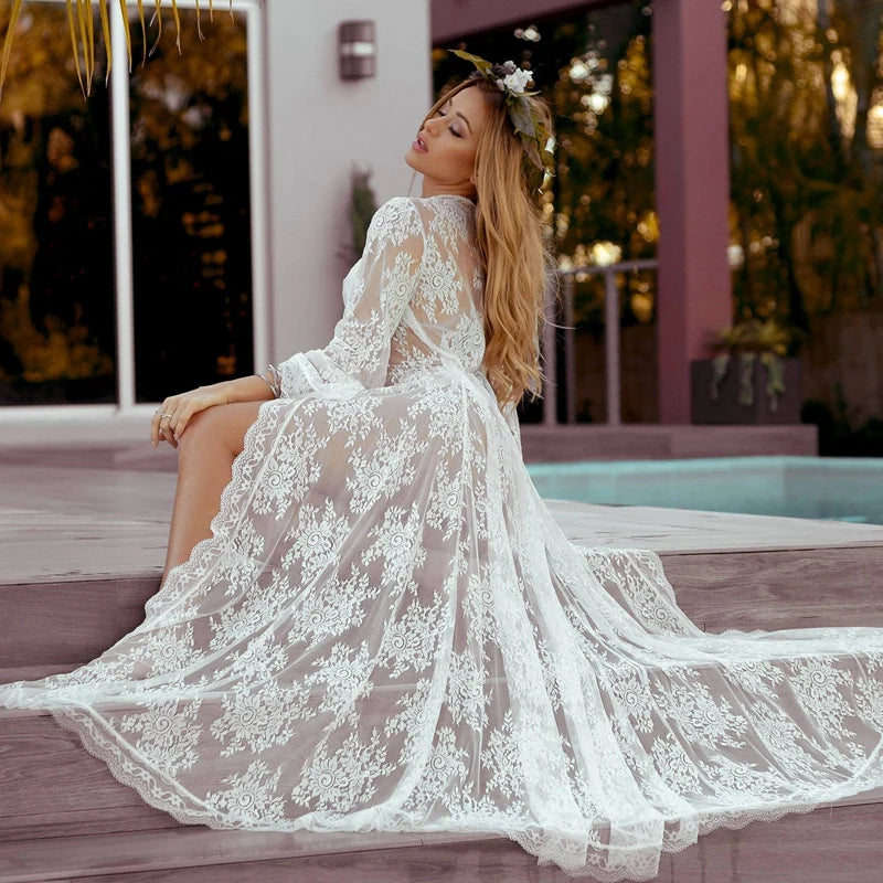 5 Color Women Sexy Lace Wedding Bride Robes Bridesmaid Gowns Sheer Kimono Bathrobe Femme Long Sleeve Nightgowns Nightdress