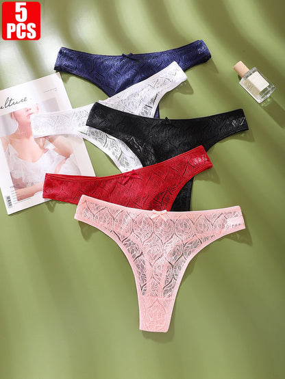 5-Pack Plus Size Women's Lace Sheer Thong Panties - Sexy Comfortable Breathable Underwear, Solid