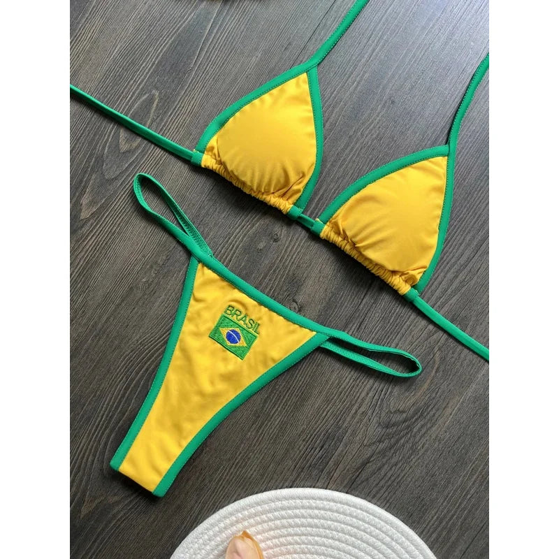2026 Fashion Embroidery Brasil Flag Contrast Split Bikini Set Women Swimwear Patchwork Swimsuit Hottie Outfit SummerBeachwear