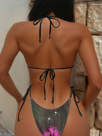 Sexy Shiny Gradient Purple Halter Strappy Bikini Female Swimsuit Women Swimwear Two-pieces Bikini Set Bather Bathing Suit Swim