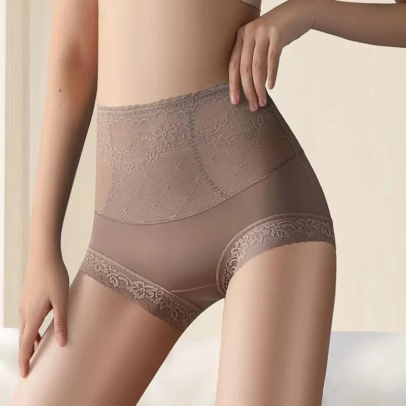 Women High Waist Knicker Briefs Tummy Control Panties Underwear Sheer Lace See Though Underpants Breathable Comfy Lingerie