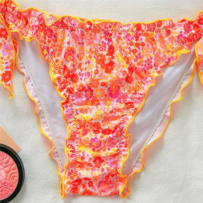Orange Floral Print Halter String Triangle Bikini Ruched Edge Sexy Swimsuit Women 2026 Holiday Swimwear Bathing Suit Bikinis Set