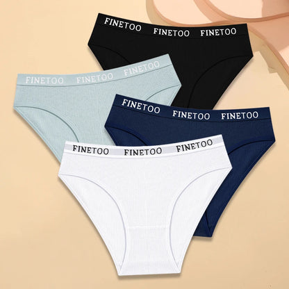 FINETOO 4Pcs Cotton Striped Underwear Women's Panties Letter Belt Briefs Ladies Low Waist Lingerie Solid Breathable Underpants