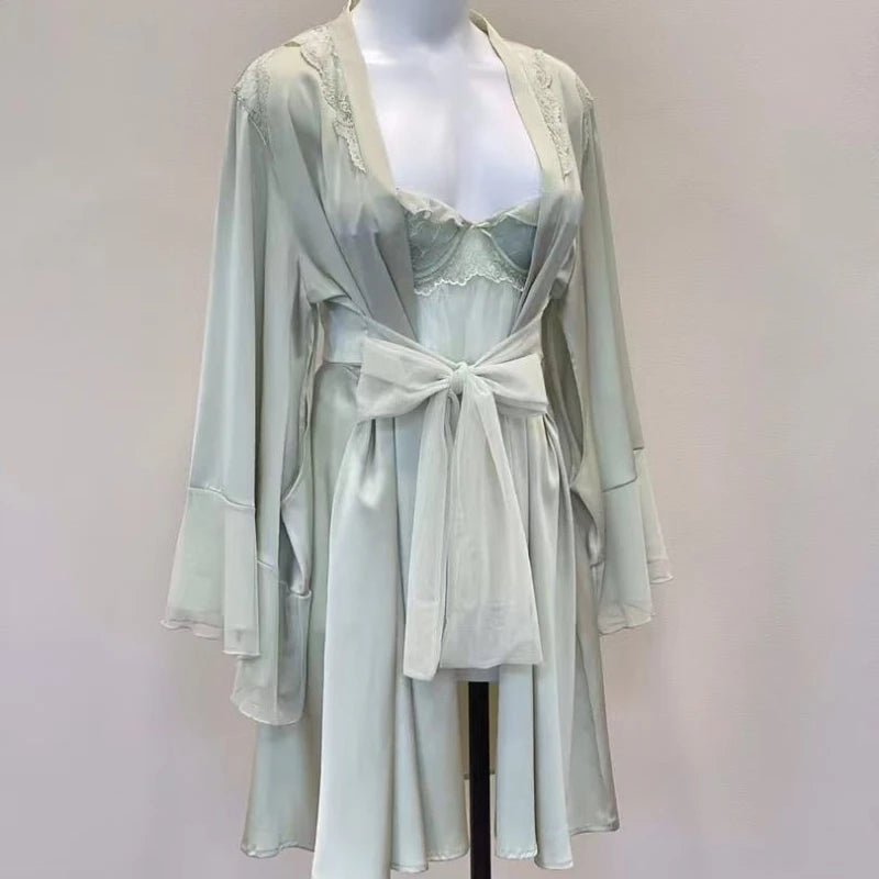 Bridal Kimono Robes Only Beautiful Sexy Pajamas Women's Bathrobe Pure French High Quality Nightgown Lace Mesh Bow Dressing Gowns