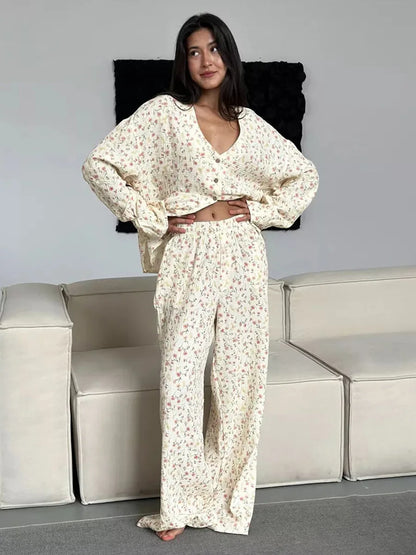 Muzuleva 100% Cotton Printed Cardigan Pajama Set Women's New Autumn Long Sleeved Pants Pajamas Loose Home Clothing 2-piece Set