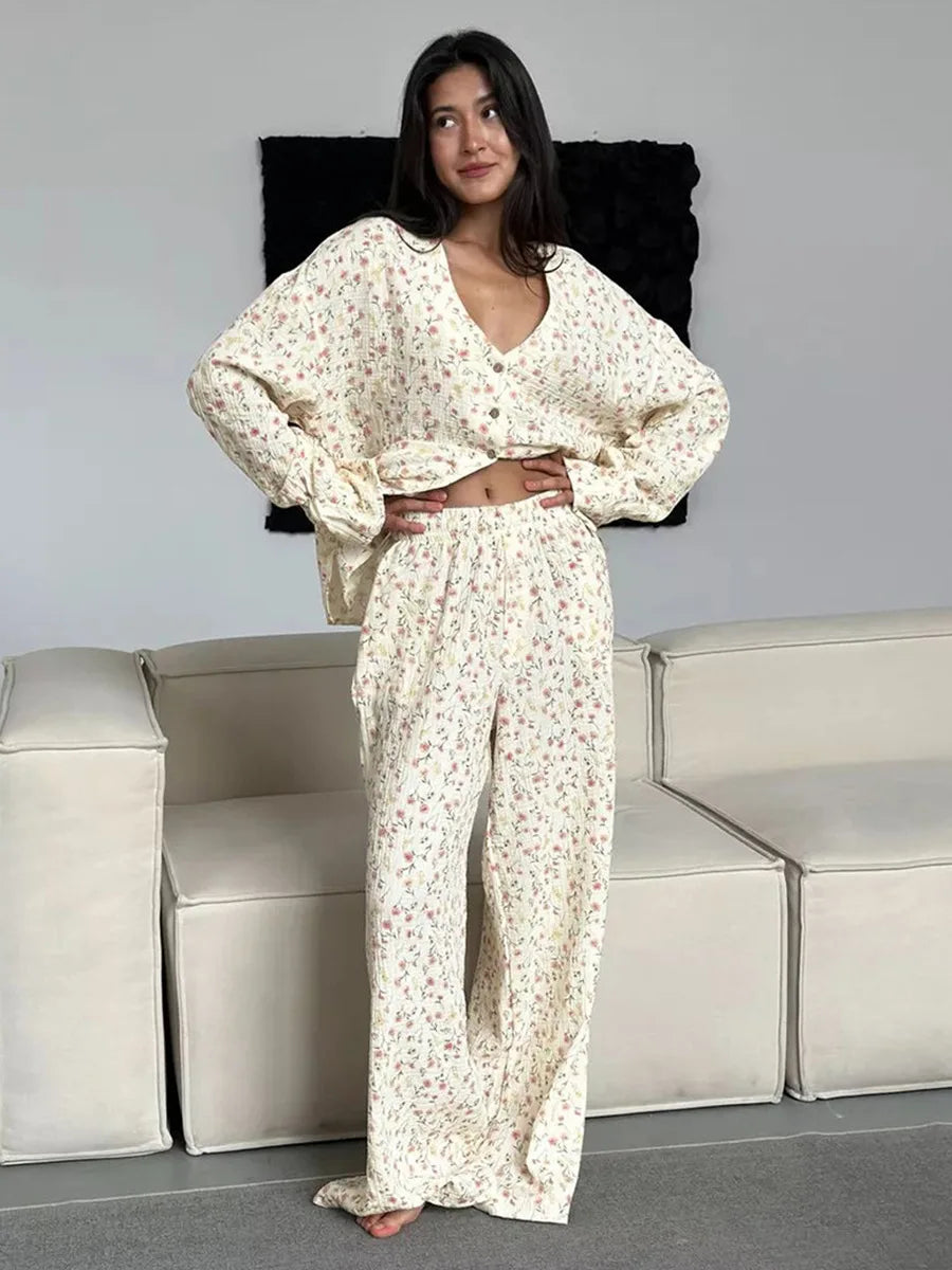 Muzuleva 100% Cotton Printed Cardigan Pajama Set Women's New Autumn Long Sleeved Pants Pajamas Loose Home Clothing 2-piece Set