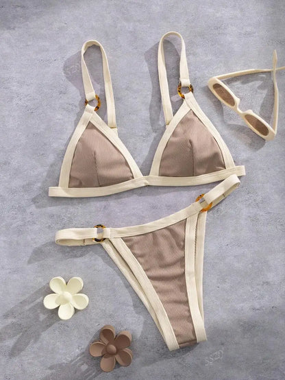 Splicing Ribbed High Cut Rings Bikini Women Swimsuit Female Swimwear Two-pieces Bikini Set Bather Bathing Suit Swim Beachwear