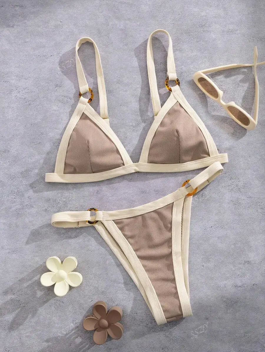 Splicing Ribbed High Cut Rings Bikini Women Swimsuit Female Swimwear Two-pieces Bikini Set Bather Bathing Suit Swim Beachwear