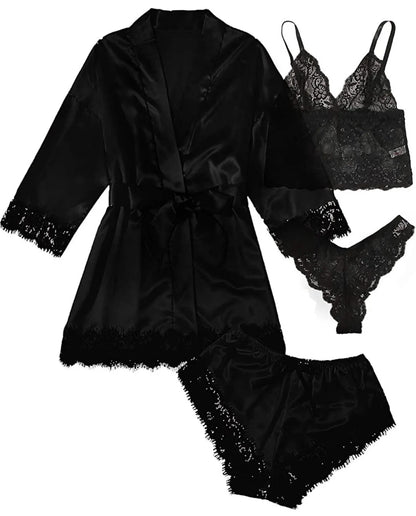 2025New Women's Pajama Fashion 4-piece Set Lace Satin Strap Sexy Pajama Set Dress Skin friendly Comfortable Casual Pajama Skirt