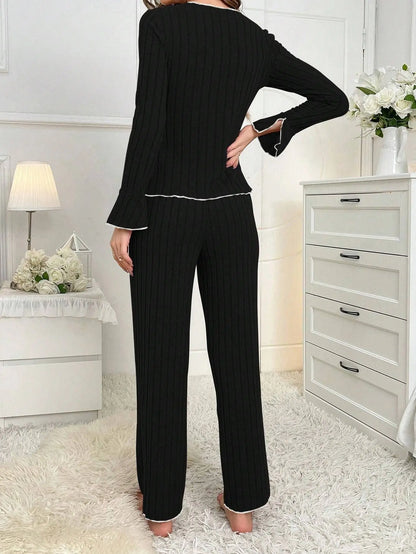 2-Piece Women's Autumn and Winter Pure Color Elegant Bow Women's Simple Long-Sleeved Pants Pajama Set Leisure home clothing