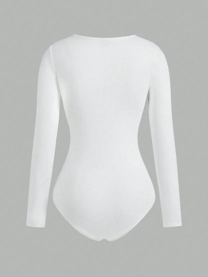 Women's Solid color Square Neck  Open Crotch One-Piece Bodysuit Long Sleeved Body  Lady Streetwear Female Warm Clothing