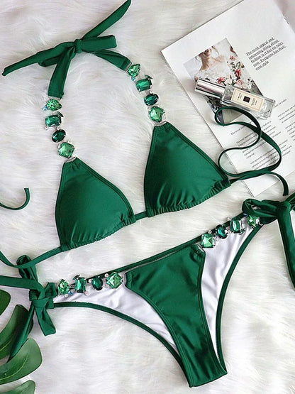 2025 Shiny Rhinestone Diamond Bikini Women Swimsuit Female Swimwear Two Pieces Bikini Set Halter Metal Chains Bathing Suit Swim