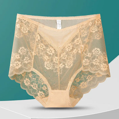 Women High Waist Plus Size Panties Sexy Lace Mesh Floral Transparent Briefs Fashion Underpants Lingerie  Seamless Underwear