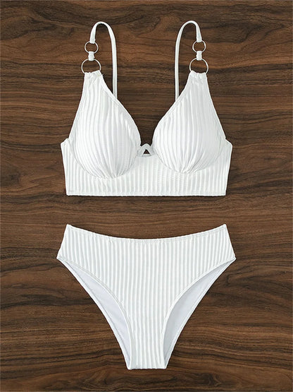 Sexy White Bikini Sling Rings Push Up Swimsuit High Waisted Vacation Swimwear Ribbed Beach Bathing Suit Women 2 Piece Set Outfit