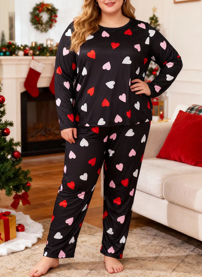 Autumn and winter plus-size women's Valentine's Day long-sleeved top with heart print + long pants pajamas home wear set