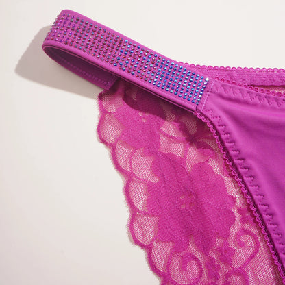 3PCS Sexy Women's Underwear Semi-transparent Hollow Out Lace Floral Panties Two Shiny Belts Underpants Female Briefs Lingerie