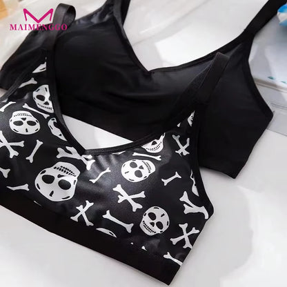 Skull Print Cotton Women's Bra Black Underwear, Sexy Seamless Comfortable Underwear Daily/Party Wear Without Steel Ring  Bra