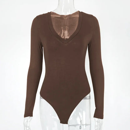 Sexy Solid Black White Bodysuit Women's V Neck Long Sleeve Slim Bodycon One Piece Jumpsuit Top