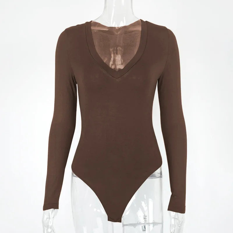 Sexy Solid Black White Bodysuit Women's V Neck Long Sleeve Slim Bodycon One Piece Jumpsuit Top