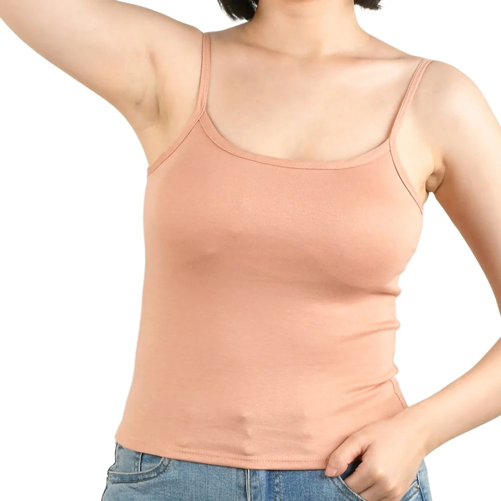 Sexy Summer Sleeveless T-Shirt  Spaghetti Strap Cropped Tank Top with Built-in Bra Fashion Solid Color Sporty Camisole