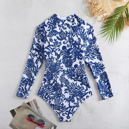 One Piece Swimsuit Long Sleeve Zip Front Blue White One Piece Surf Swimsuit and Sarong Swimwear Slimming Bathing Suit Beach Wear