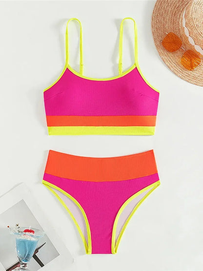 Women's Ribbed High Waist Bikini Set - High Cut Two Piece Swimsuit Tummy Control Bathing Suit for Beach Vacation