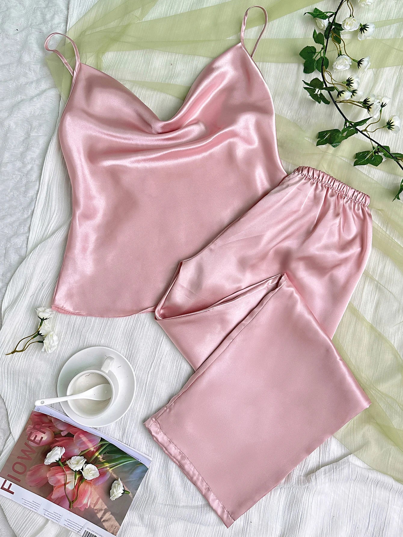 Solid Satin Pajama Set Draped Collar Cami Top Elastic Waistband Pants Women's Sleepwear Loungewear