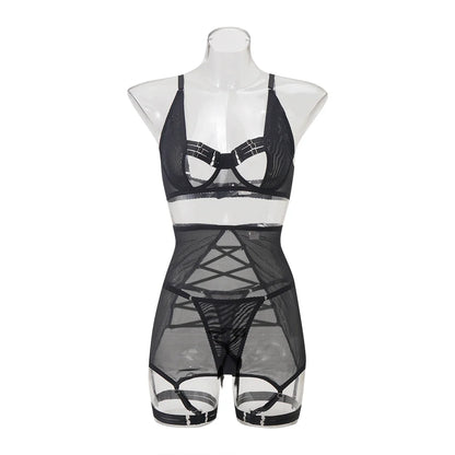 MUZISKAT Summer Sizzler new women's sexy strappy see-through mesh lingerie four-piece set