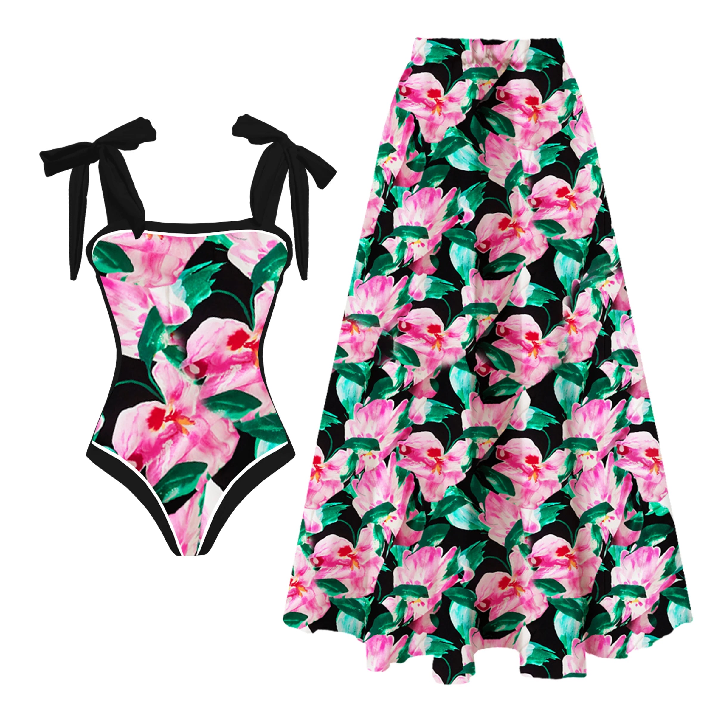 Printed Ruffle One Piece Swimsuit With Cover Up Sexy Swimwear Women Flat Belly Swim Suits Bathsuit Belt Bodysuit Beach Outing