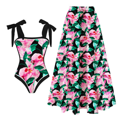 Printed Ruffle One Piece Swimsuit With Cover Up Sexy Swimwear Women Flat Belly Swim Suits Bathsuit Belt Bodysuit Beach Outing