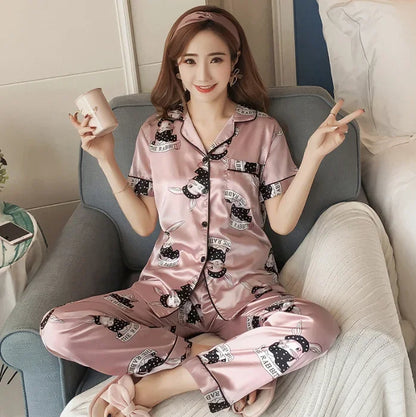 Satin Silk Pajamas Set for Women Cartoon Print Turn-down Collar Short Sleeve Top+Long Pants Matching Sets Homewear Plus Size 5XL