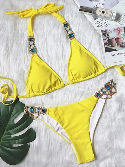 2025 Shiny Rhinestone Diamond Bikini Women Swimsuit Female Swimwear Two Pieces Bikini Set Halter Metal Chains Bathing Suit Swim