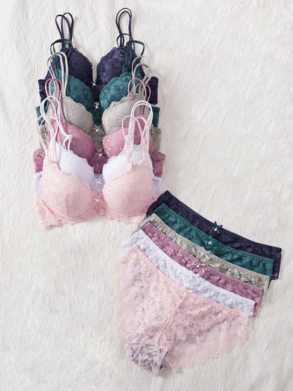 6-Piece Set Women's Bra and Panties Set Sexy Patterned Lace Patchwork No Lining Comfortable Fitting Women's Push up Bra Women's Underwear Set