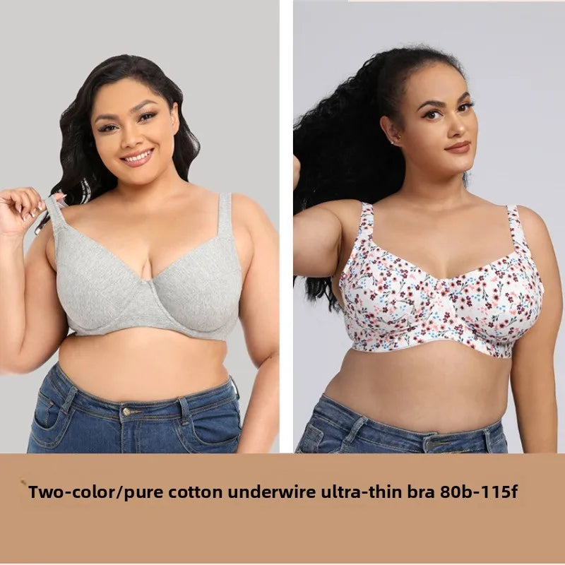 Cotton Plus Size Bra 80-110F Wide Strap Underwire Bra with European Print Ultra Thin Breathable Full Coverage Lingerie for Women