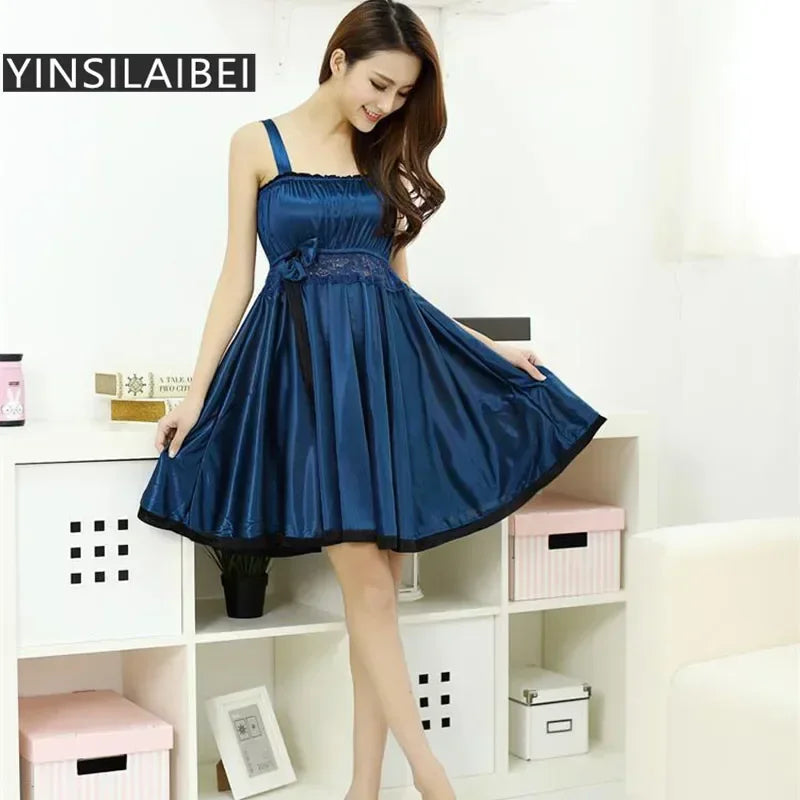 Summer Sleeveless Strap Sexy Women's Sleepwear Female Faux Silk Satin Lace Nightgowns Plus Size Nightwear for Ladies