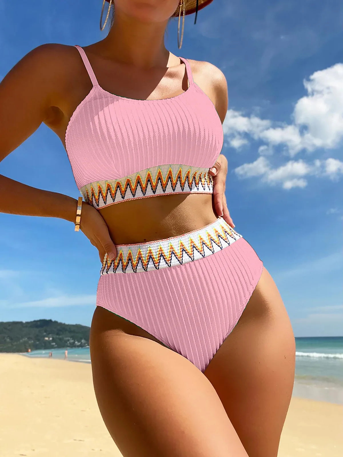 Women High Waisted Bikini Sets Color Block Swimsuits 2 Piece Bathing Suits Tummy Control Sporty Teens