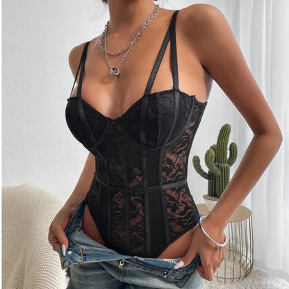 Lace Bodysuit for Women Sexy Bodies Elegant Women's Top 2025 Autumn New Solid Bodycon Ribbed Bodysuits