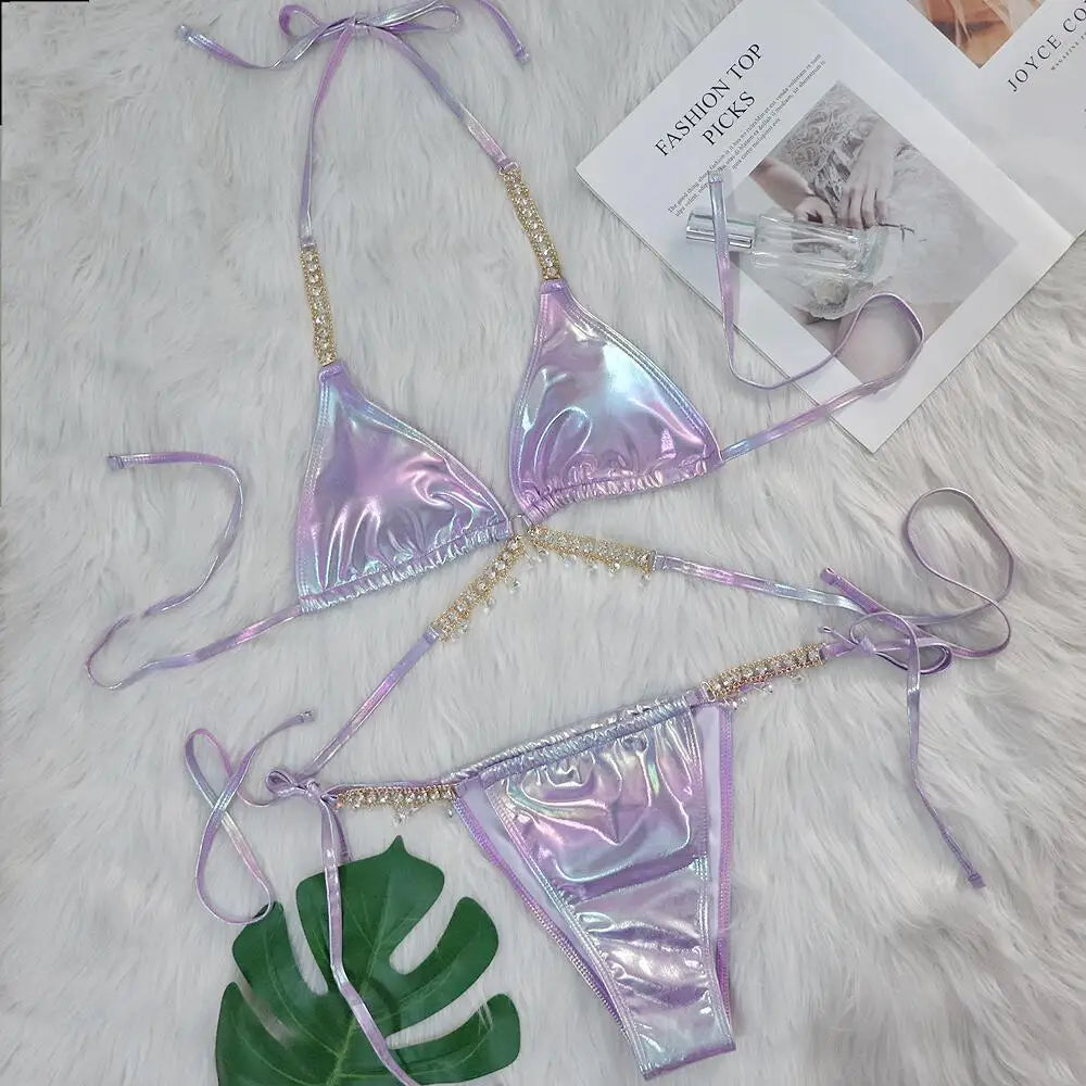Sexy Halter Shiny Diamond Bikini Women Swimwear Female Swimsuit Laser Metallic Bikini Set Brazilian Bathing Suit Swim Beach Wear