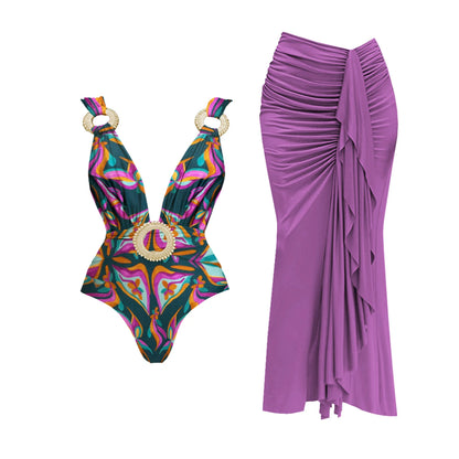 2Pcs Deep V One Piece Swimsuit Sexy Women Swimwear 2025 Shiny Star Bikini High Waist Biquini Female Swim Suit Bodysuit Beachwear